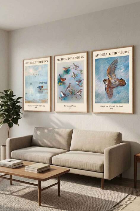 Archibald Thorburn Kuş Temalı Vintage 3'lü Çerçeveli Tablo Seti Ünlü Sanatçı Serisi Salon ve Ofis Duvar Dekorasyonu - 6