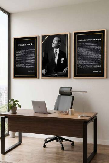 Atatürk 3'lü Tablo Seti İstiklal Marşı ve Gençliğe Hitabe Çerçeveli Tablo Ofis ve Okul Dekorasyonu - 9