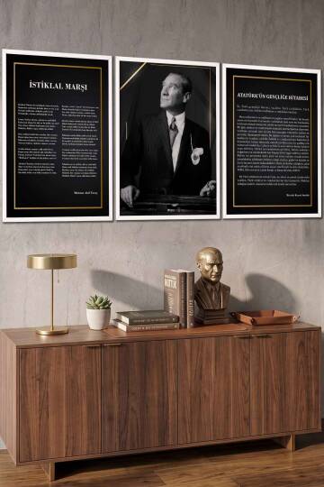 Atatürk 3'lü Tablo Seti İstiklal Marşı ve Gençliğe Hitabe Çerçeveli Tablo Ofis ve Okul Dekorasyonu