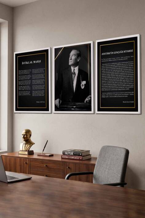 Atatürk 3'lü Tablo Seti İstiklal Marşı ve Gençliğe Hitabe Çerçeveli Tablo Ofis ve Okul Dekorasyonu - 2