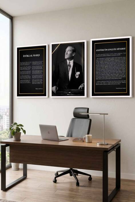 Atatürk 3'lü Tablo Seti İstiklal Marşı ve Gençliğe Hitabe Çerçeveli Tablo Ofis ve Okul Dekorasyonu - 3