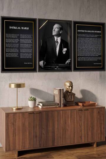 Atatürk 3'lü Tablo Seti İstiklal Marşı ve Gençliğe Hitabe Çerçeveli Tablo Ofis ve Okul Dekorasyonu - 4