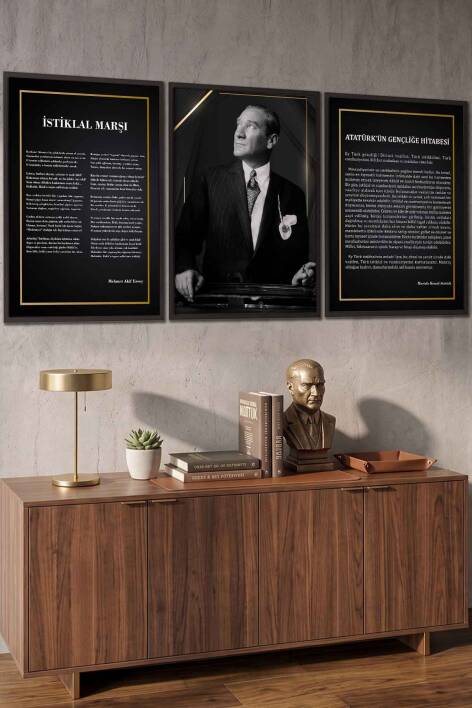 Atatürk 3'lü Tablo Seti İstiklal Marşı ve Gençliğe Hitabe Çerçeveli Tablo Ofis ve Okul Dekorasyonu - 4