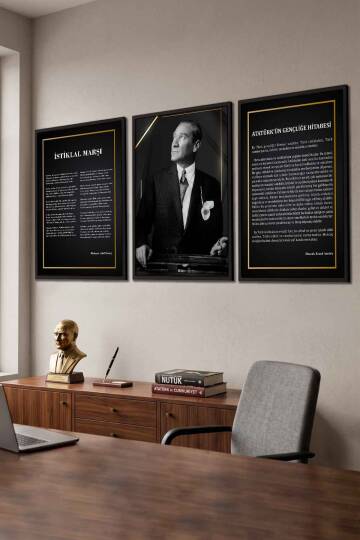 Atatürk 3'lü Tablo Seti İstiklal Marşı ve Gençliğe Hitabe Çerçeveli Tablo Ofis ve Okul Dekorasyonu - 5