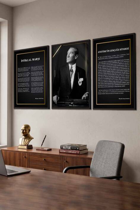 Atatürk 3'lü Tablo Seti İstiklal Marşı ve Gençliğe Hitabe Çerçeveli Tablo Ofis ve Okul Dekorasyonu - 5