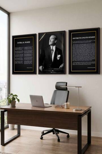 Atatürk 3'lü Tablo Seti İstiklal Marşı ve Gençliğe Hitabe Çerçeveli Tablo Ofis ve Okul Dekorasyonu - 6