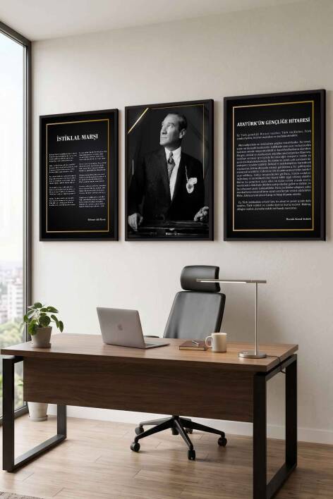 Atatürk 3'lü Tablo Seti İstiklal Marşı ve Gençliğe Hitabe Çerçeveli Tablo Ofis ve Okul Dekorasyonu - 6