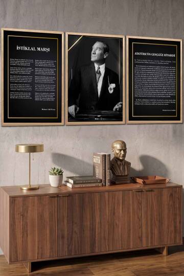 Atatürk 3'lü Tablo Seti İstiklal Marşı ve Gençliğe Hitabe Çerçeveli Tablo Ofis ve Okul Dekorasyonu - 7