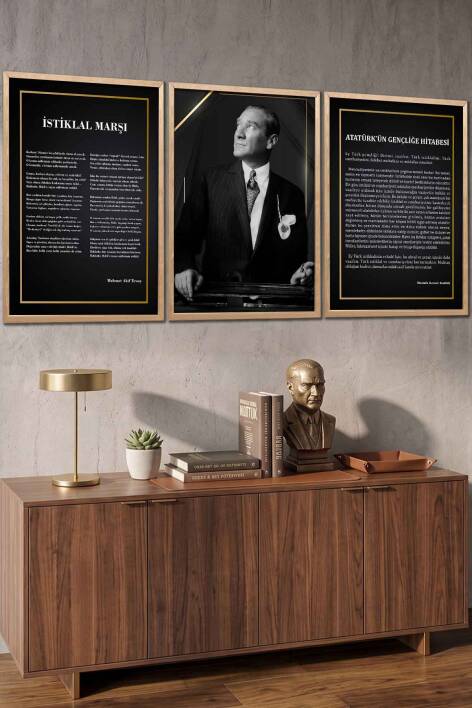 Atatürk 3'lü Tablo Seti İstiklal Marşı ve Gençliğe Hitabe Çerçeveli Tablo Ofis ve Okul Dekorasyonu - 7