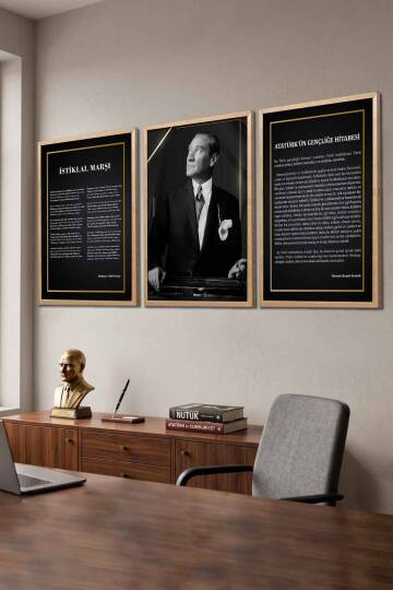 Atatürk 3'lü Tablo Seti İstiklal Marşı ve Gençliğe Hitabe Çerçeveli Tablo Ofis ve Okul Dekorasyonu - 8