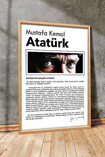 Atatürk Gençliğe Hitabe Tasarımlı Çerçeveli Tablo Hediye Ofis Duvar Tablosu Okul Dekoru Doğal Ahşap