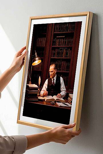 Atatürk Kütüphane Temalı Çerçeveli Tablo Ofisİşyeri ve Çalışma Odası Tablosu - 5