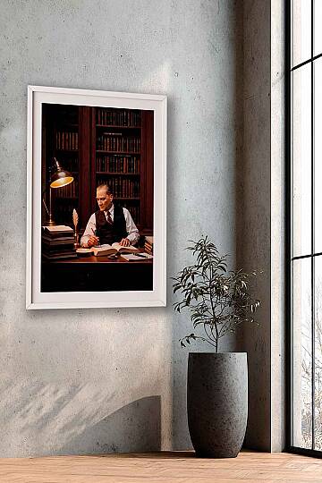 Atatürk Kütüphane Temalı Çerçeveli Tablo Ofisİşyeri ve Çalışma Odası Tablosu - 9