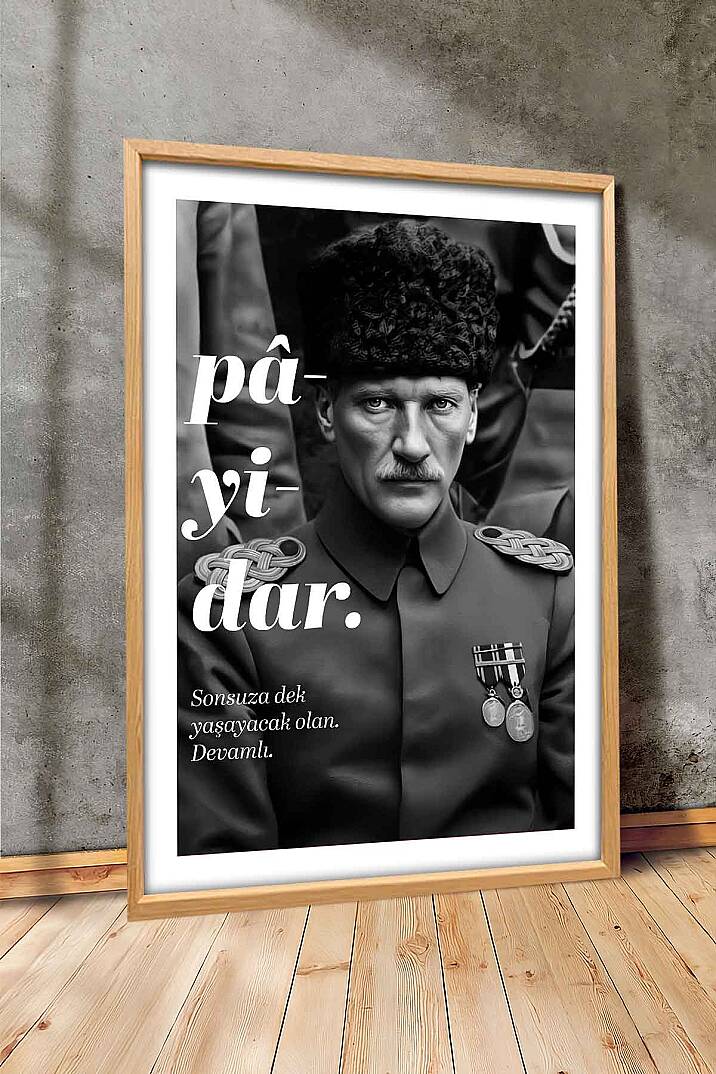 Atatürk Payidar Portresi Siyah Beyaz Çerçeveli Tablo Salon Ofis İşyeri Tablosu - 4