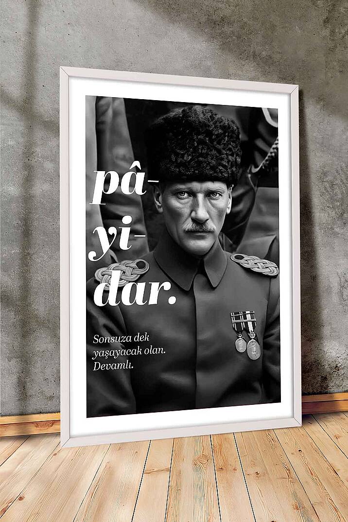 Atatürk Payidar Portresi Siyah Beyaz Çerçeveli Tablo Salon Ofis İşyeri Tablosu - 7