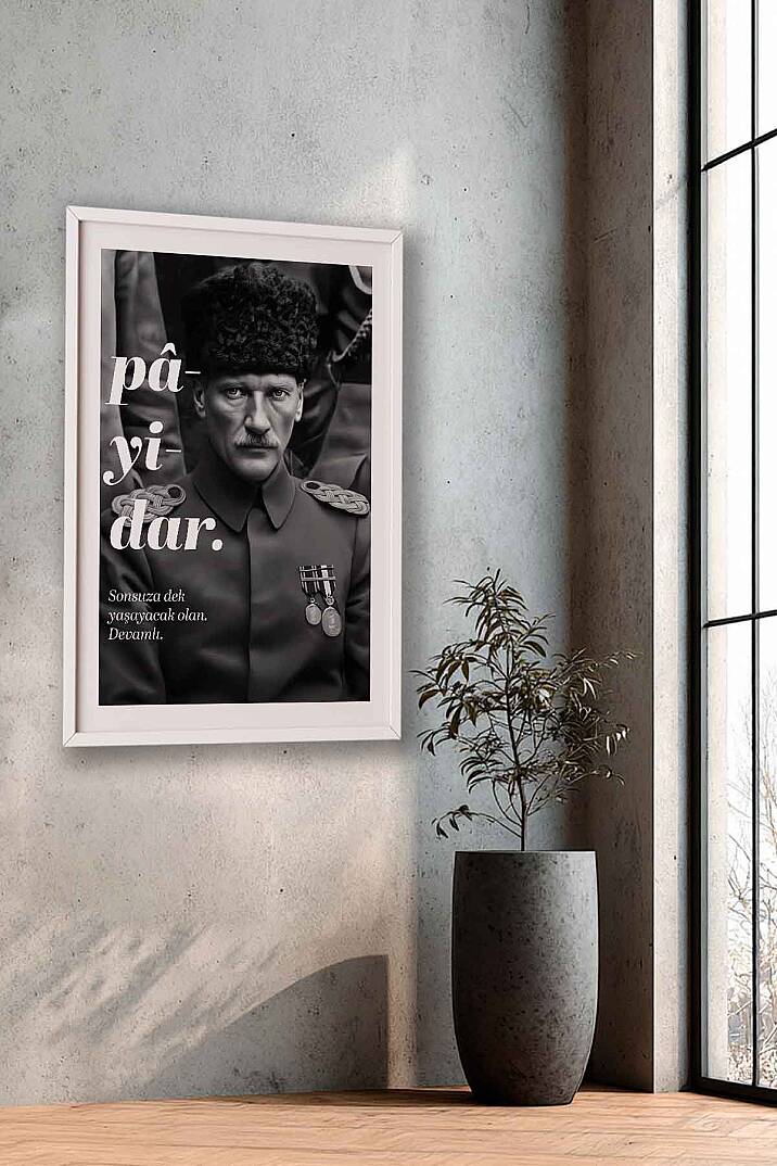Atatürk Payidar Portresi Siyah Beyaz Çerçeveli Tablo Salon Ofis İşyeri Tablosu - 9
