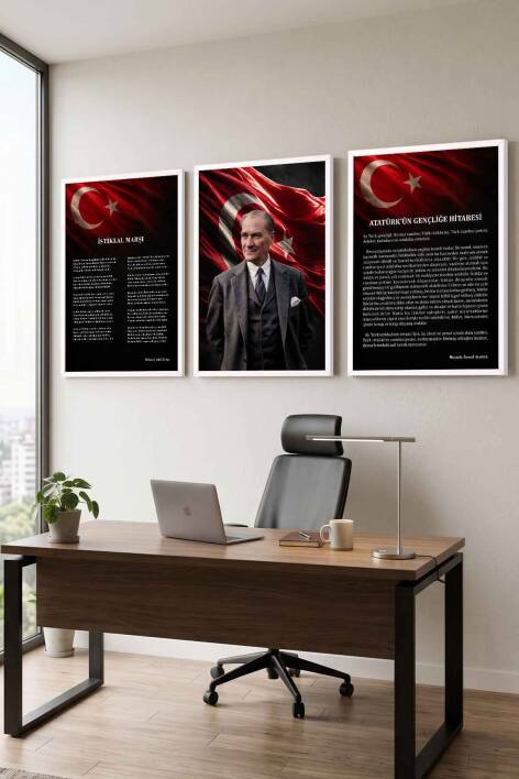 Atatürk Portresi İstiklal Marşı ve Gençliğe Hitabe 3'lü Set Çerçeveli Tablo Ofis ve Okul Dekoru - 9