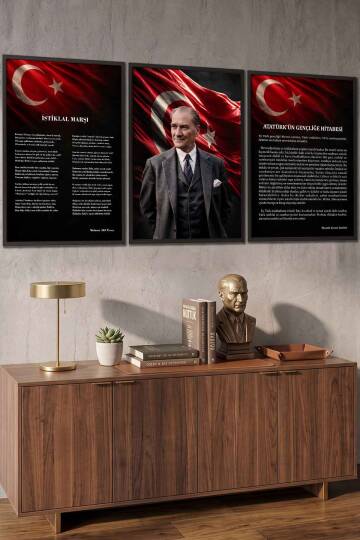 Atatürk Portresi İstiklal Marşı ve Gençliğe Hitabe 3'lü Set Çerçeveli Tablo Ofis ve Okul Dekoru