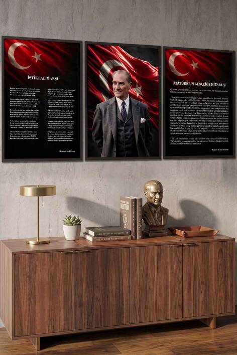 Atatürk Portresi İstiklal Marşı ve Gençliğe Hitabe 3'lü Set Çerçeveli Tablo Ofis ve Okul Dekoru - 1