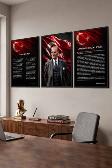 Atatürk Portresi İstiklal Marşı ve Gençliğe Hitabe 3'lü Set Çerçeveli Tablo Ofis ve Okul Dekoru - 2