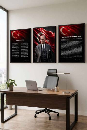 Atatürk Portresi İstiklal Marşı ve Gençliğe Hitabe 3'lü Set Çerçeveli Tablo Ofis ve Okul Dekoru - 3