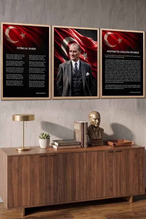 Atatürk Portresi İstiklal Marşı ve Gençliğe Hitabe 3'lü Set Çerçeveli Tablo Ofis ve Okul Dekoru - 4