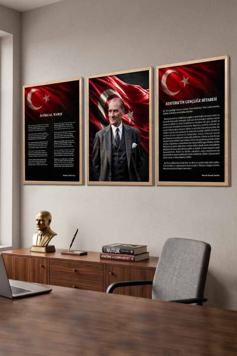 Atatürk Portresi İstiklal Marşı ve Gençliğe Hitabe 3'lü Set Çerçeveli Tablo Ofis ve Okul Dekoru - 5