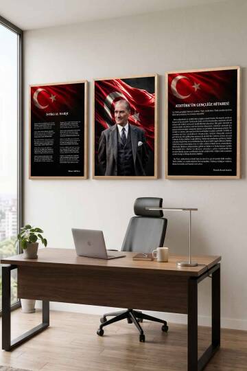 Atatürk Portresi İstiklal Marşı ve Gençliğe Hitabe 3'lü Set Çerçeveli Tablo Ofis ve Okul Dekoru - 6