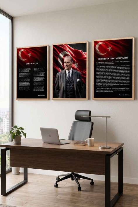 Atatürk Portresi İstiklal Marşı ve Gençliğe Hitabe 3'lü Set Çerçeveli Tablo Ofis ve Okul Dekoru - 6