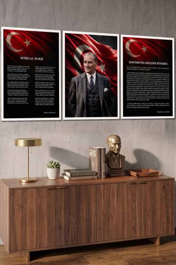 Atatürk Portresi İstiklal Marşı ve Gençliğe Hitabe 3'lü Set Çerçeveli Tablo Ofis ve Okul Dekoru - 7