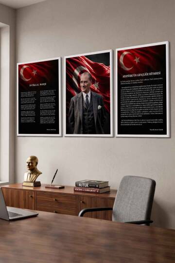 Atatürk Portresi İstiklal Marşı ve Gençliğe Hitabe 3'lü Set Çerçeveli Tablo Ofis ve Okul Dekoru - 8