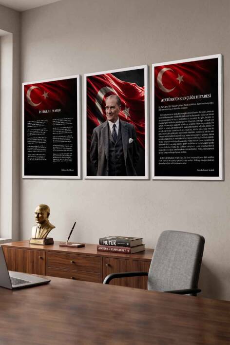 Atatürk Portresi İstiklal Marşı ve Gençliğe Hitabe 3'lü Set Çerçeveli Tablo Ofis ve Okul Dekoru - 8