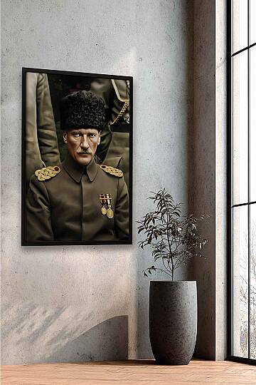 Atatürk Portresi Kalpaklı Askeri Üniforma Çerçeveli Tablo Ofis İşyeri Salon Tablosu - 6