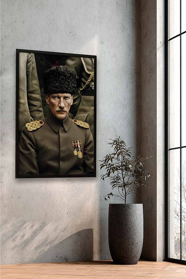 Atatürk Portresi Kalpaklı Askeri Üniforma Çerçeveli Tablo Ofis İşyeri Salon Tablosu - 6