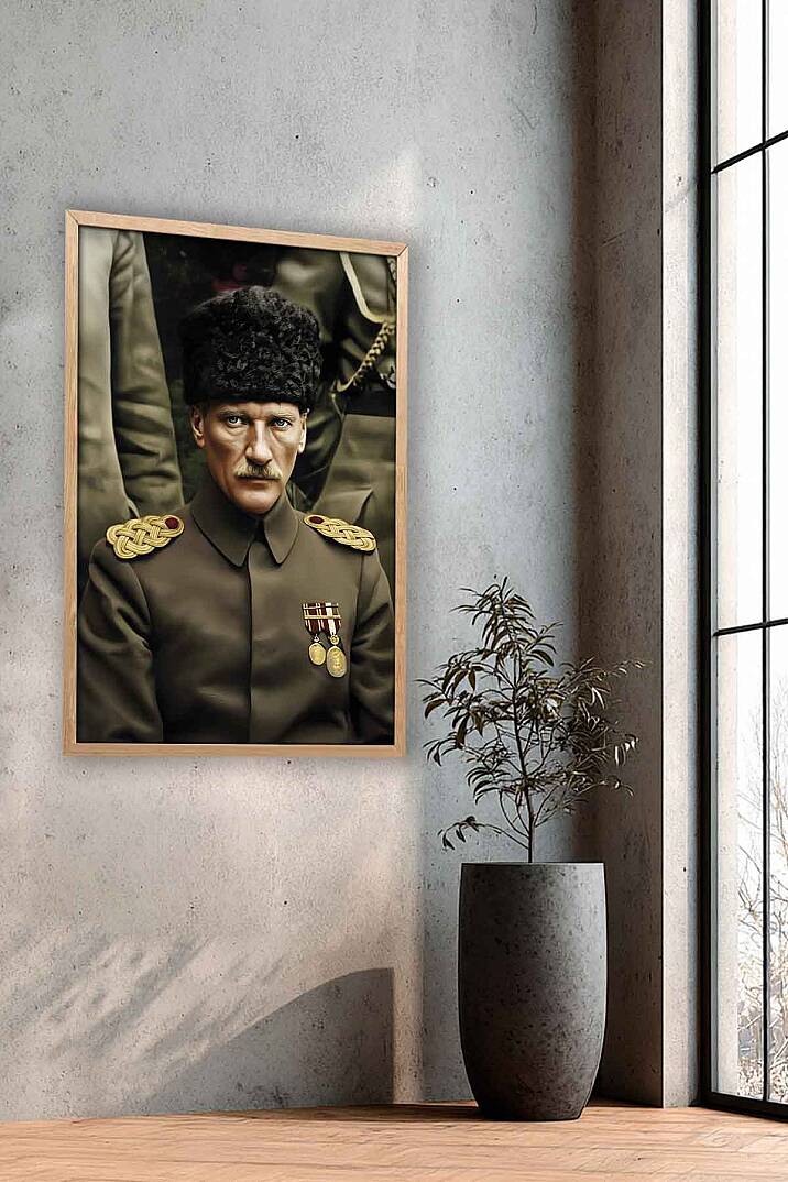 Atatürk Portresi Kalpaklı Askeri Üniforma Çerçeveli Tablo Ofis İşyeri Salon Tablosu - 3