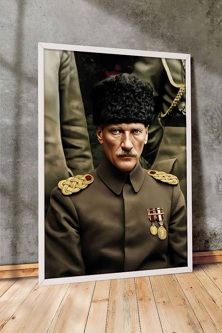 Atatürk Portresi Kalpaklı Askeri Üniforma Çerçeveli Tablo Ofis İşyeri Salon Tablosu - 7