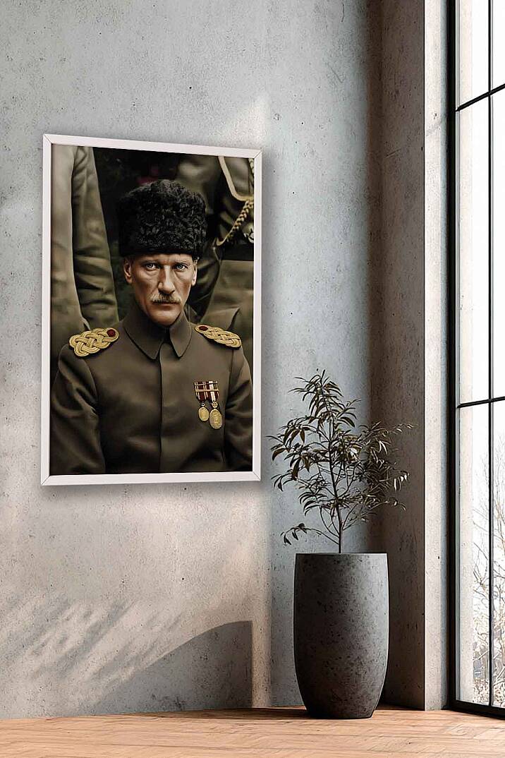 Atatürk Portresi Kalpaklı Askeri Üniforma Çerçeveli Tablo Ofis İşyeri Salon Tablosu - 9