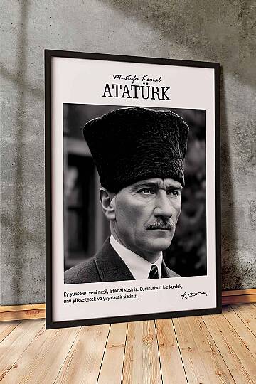 Atatürk Portresi Ofis İşyeri Hediye Tablosu Kalpaklı Siyah Beyaz Çerçeveli Duvar Tablo - 1