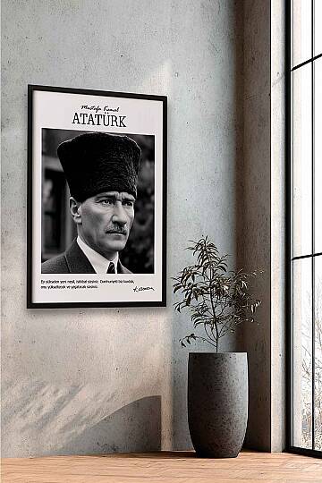 Atatürk Portresi Ofis İşyeri Hediye Tablosu Kalpaklı Siyah Beyaz Çerçeveli Duvar Tablo - 3