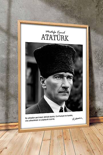 Atatürk Portresi Ofis İşyeri Hediye Tablosu Kalpaklı Siyah Beyaz Çerçeveli Duvar Tablo - 4