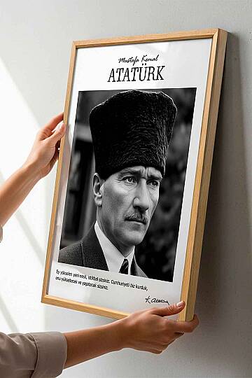 Atatürk Portresi Ofis İşyeri Hediye Tablosu Kalpaklı Siyah Beyaz Çerçeveli Duvar Tablo - 5