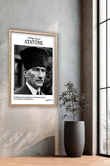 Atatürk Portresi Ofis İşyeri Hediye Tablosu Kalpaklı Siyah Beyaz Çerçeveli Duvar Tablo - 6