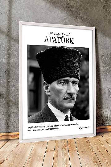 Atatürk Portresi Ofis İşyeri Hediye Tablosu Kalpaklı Siyah Beyaz Çerçeveli Duvar Tablo - 7