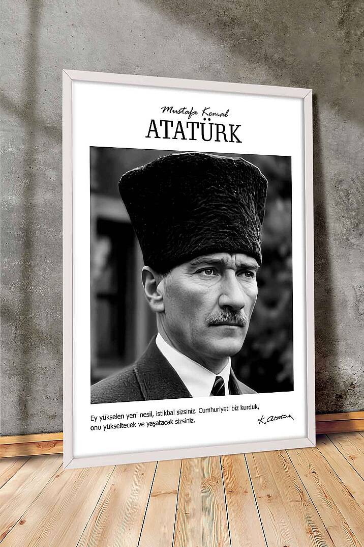 Atatürk Portresi Ofis İşyeri Hediye Tablosu Kalpaklı Siyah Beyaz Çerçeveli Duvar Tablo - 7