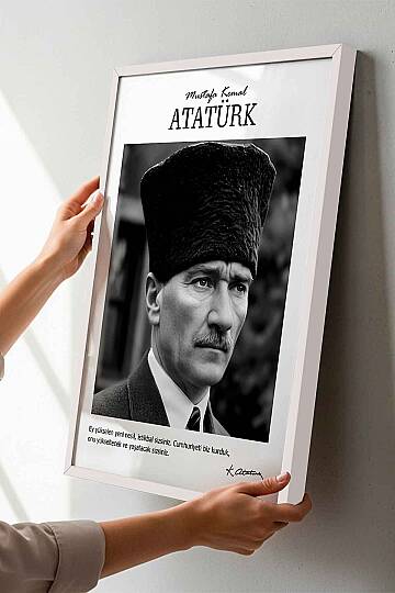 Atatürk Portresi Ofis İşyeri Hediye Tablosu Kalpaklı Siyah Beyaz Çerçeveli Duvar Tablo - 8