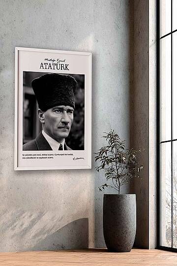Atatürk Portresi Ofis İşyeri Hediye Tablosu Kalpaklı Siyah Beyaz Çerçeveli Duvar Tablo - 9