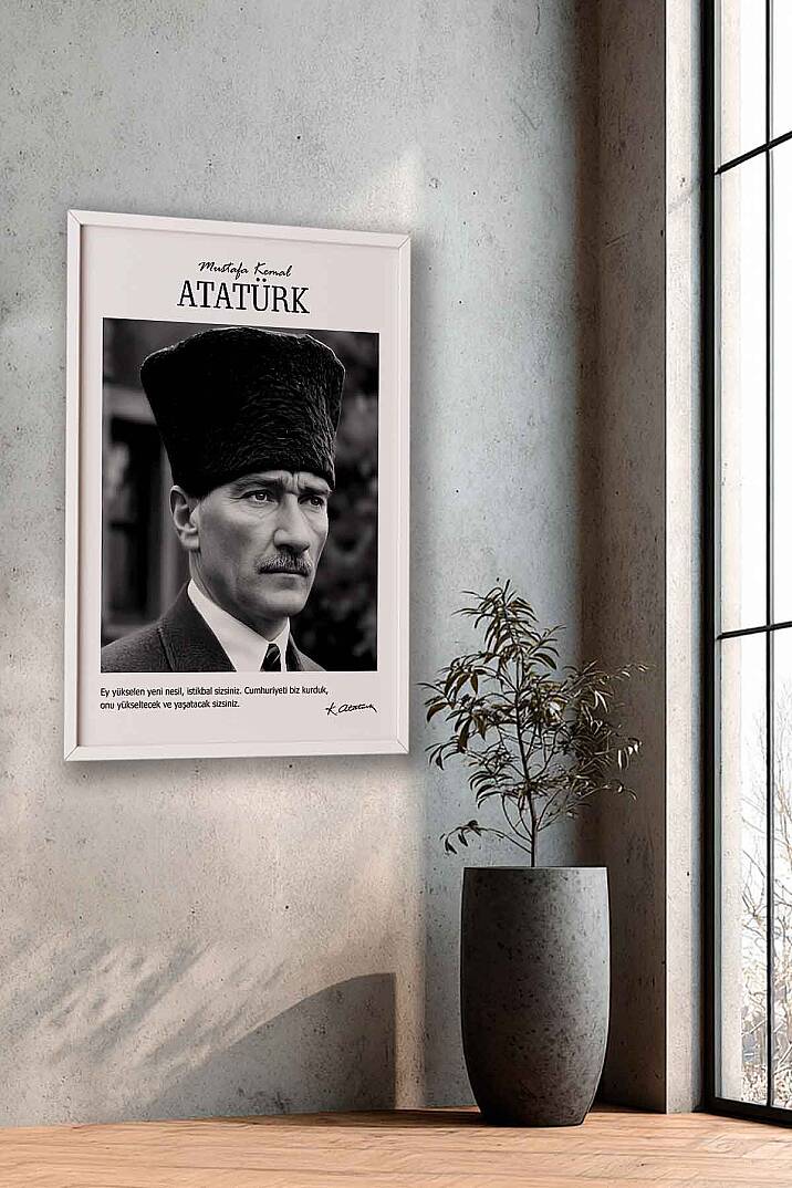 Atatürk Portresi Ofis İşyeri Hediye Tablosu Kalpaklı Siyah Beyaz Çerçeveli Duvar Tablo - 9