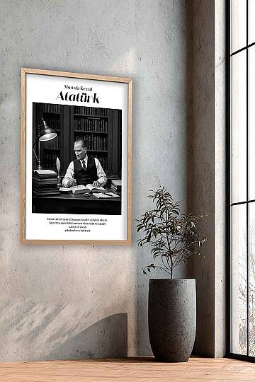 Atatürk Tablosu Çalışkanlık Sözü Yazılı Siyah Beyaz Çerçeveli Tablo Ofis ve Çalışma Odası Kütüphane - 6