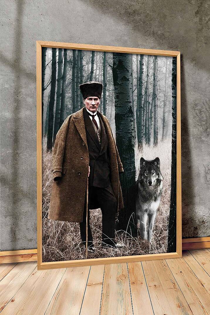 Atatürk ve Bozkurt Temalı Tarihi Portre Çerçeveli Tablo Salon Ofis ve İşyeri Duvar Dekorasyonu - 1