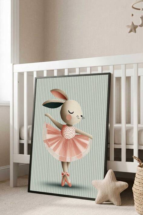 Balerin Tavşan Çocuk Odası Çerçeveli Tablo Bebek Odası Duvar Dekoru - 4